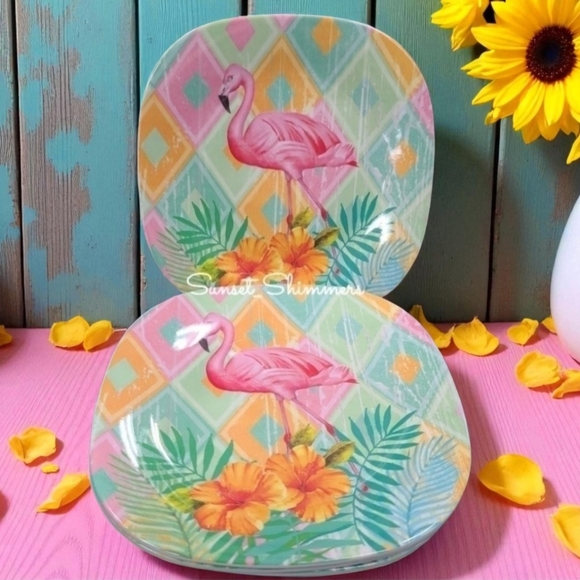 Tropical dinnerware Other - X4 Pink Flamingo Hibiscus Flower Palm Leaf Melamine Salad App Dessert Plate Set